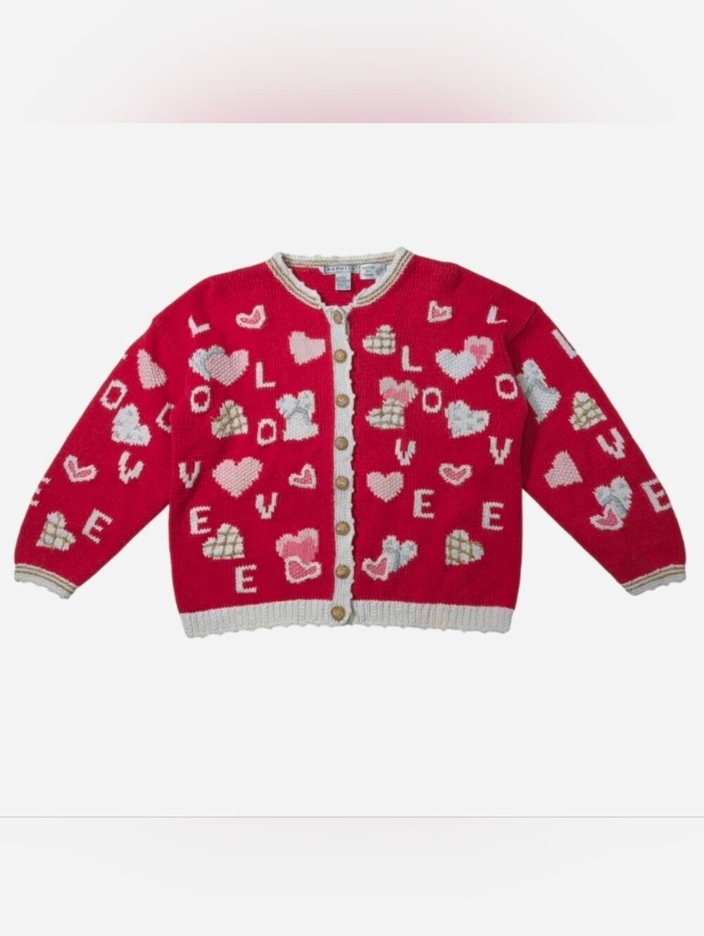 Vintage handknit heart knit cardigan with red, white, gold and silver. Size L